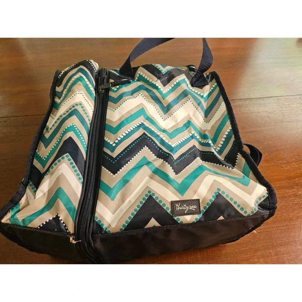 Thirty-One Picnic Thermal Tote Bag Teal Navy Chevron Insulated Shoulder Strap